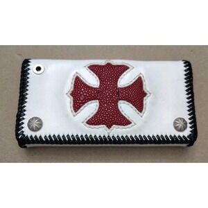 Men's Leather Cowhide Biker Trifold Wallet Motorcycle White Red Stingray Cross
